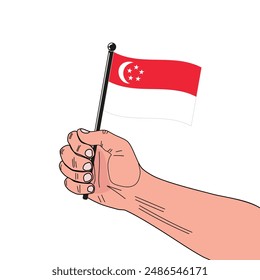 national flag of Republic of Singapore in the original colours and on the stick