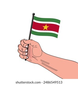 national flag of Republic of Suriname in the original colours and on the stick