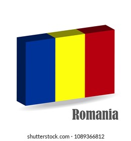 The national flag of Romania, the European Union, in the east of Europe, executed in 3D, the colors are blue, yellow, red. Volumetric vector illustration with the signature Romania.