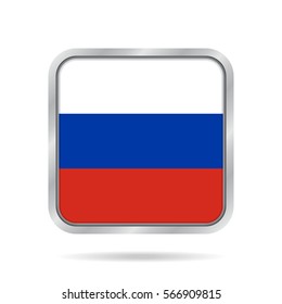 National flag of Russia. Shiny metallic gray square button with shadow.