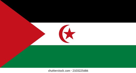 National Flag Sahrawi Arab Democratic Republic, Western Sahara, SADR, black, white, and green horizontal tricolor charged with a red star and crescent in the center stripe and a red chevron