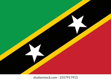 The national flag of Saint Kitts and Nevis consists of a yellow-edged black band containing two white stars that divides diagonally from the lower hoist-side corner, with green, red  triangle 