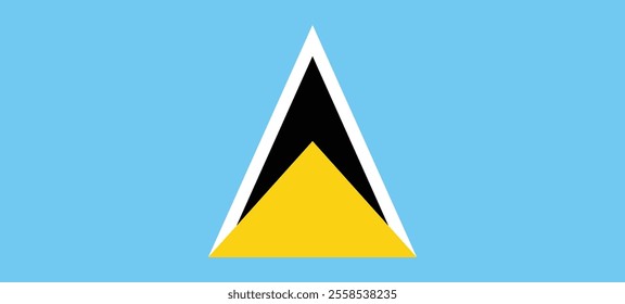 The national flag of Saint Lucia features a light blue field background with a yellow triangle in front of a black isosceles triangle bordered in black