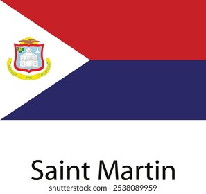 The national flag of Saint Martin featuring a red, blue, and white tricolor with a white triangle and the country's coat of arms on the left side.