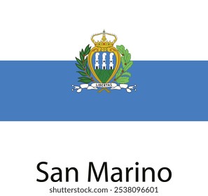 A bandeira nacional de São Marino, com um tricolor azul e branco com uma crista dourada exibindo três torres em colinas verdes. A crista também é adornada com uma coroa, folhas e uma fita.