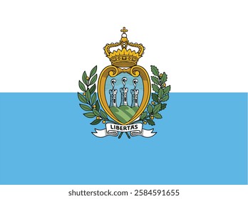 The national flag of San Marino is formed by two equal horizontal bands of white (top) and light blue with the national coat of arms superimposed in the center.