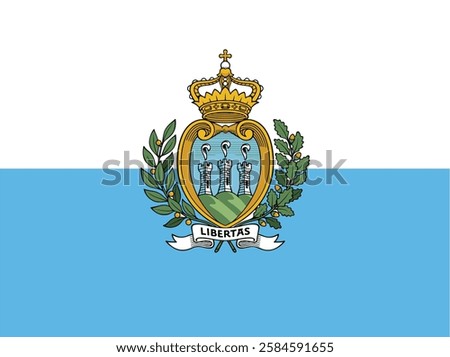 The national flag of San Marino is formed by two equal horizontal bands of white (top) and light blue with the national coat of arms superimposed in the center.