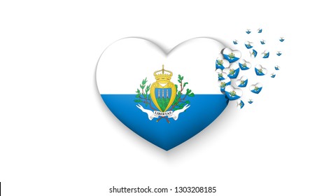 National flag of San Marino in heart illustration. With love to San Marino country. The national flag of San Marino fly out small hearts on white background