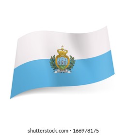 National flag of San Marino: white and blue horizontal stripes with coat-of-arms in centre.