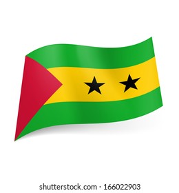 National flag of Sao Tome and Principe: yellow stripe with two black stars between green bands, red triangle on left side.