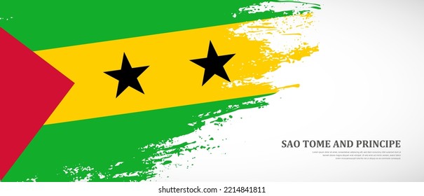 National flag of Sao Tome and Principe with textured brush flag. Artistic hand drawn brush flag banner background