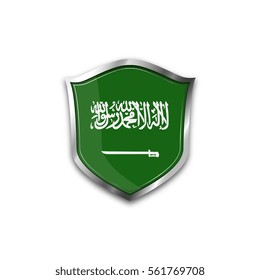 The national flag of Saudi Arabia. Metal shield with reflections on a white background.