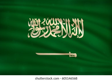 The national flag of Saudi Arabia on wavy silk background with bokeh lights. Realistic vector illustration.