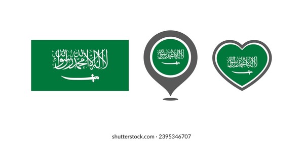 National flag of the Saudi Arabia. Flag in the shape of rectangles, location marks, hearts. Saudi Arabia national flag for language selection design. Vector icons