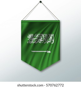 The national flag of Saudi Arabia. The symbol of the state in the pennant hanging on the rope. Realistic vector illustration.