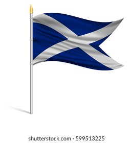 The national flag of Scotland on a pole. The wavy fabric. The sign and symbol of the country. Realistic vector.