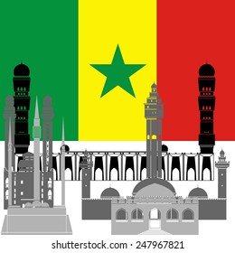 The national flag of Senegal and the contour image of architectural monuments of the country. Illustration on white background.