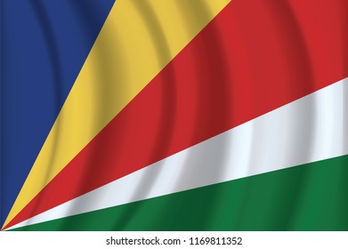 The national flag of Seychelles. The symbol of the state on wavy cotton fabric. Realistic vector illustration. Seychelles flag background with cloth texture. EPS10