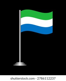 National flag of Sierra Leone featuring horizontal stripes of green white and blue on silver desk flagpole illustration isolated on black background vector design element.