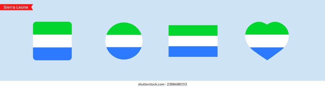 National flag of Sierra Leone. Sierra Leone flag icons for language selection. Sierra Leone flag in the shape of a square, circle, heart. Vector icons