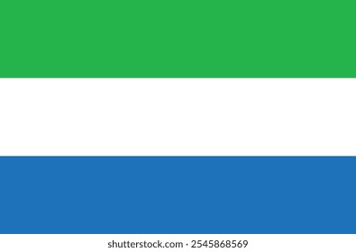 The national flag of Sierra Leone is a tricolour consisting of three horizontal green, white and blue bands.