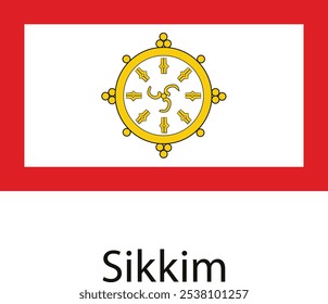 La bandera nacional de Sikkim, India, presenta un campo blanco con un borde rojo, una rueda dorada en el centro que simboliza el Dharmachakra.