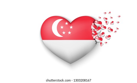 National flag of Singapore in heart illustration. With love to Singapore country. The national flag of Singapore fly out small hearts on white background