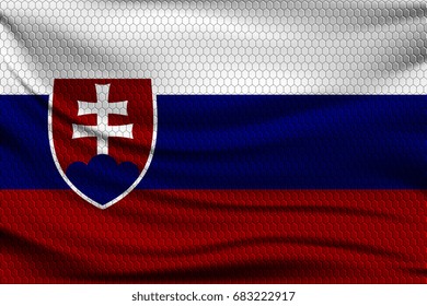 National flag of Slovakia on wavy fabric with a volumetric pattern of hexagons. Vector illustration.