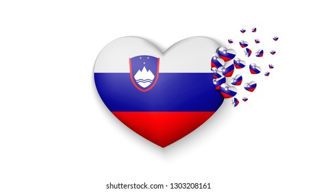 National flag of Slovenia in heart illustration. With love to Slovenia country. The national flag of Slovenia fly out small hearts on white background