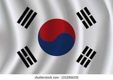 The national flag of South Korea. The symbol of the state on wavy cotton fabric. Realistic vector illustration. South Korea flag background with cloth texture