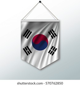 The national flag of South Korea. The symbol of the state in the pennant hanging on the rope. Realistic vector illustration.