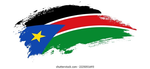 National flag of South Sudan with curve stain brush stroke effect on white background