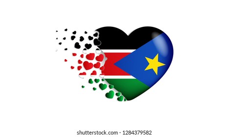National flag of South Sudan in heart illustration. With love to South Sudan country. The national flag of South Sudan fly out small hearts
