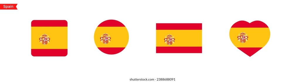 Iconos de la bandera nacional de España. Bandera de España en forma de cuadrado, círculo, corazón. Símbolos de elección del idioma del sitio web. Diseño de la bandera de la interfaz de usuario del vector