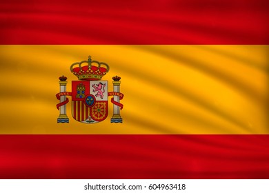 The national flag of Spain on wavy silk background with bokeh lights. Realistic vector illustration.