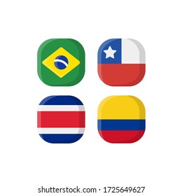 National Flag Square Icon Set with Brazil, Chile, Costa Rica & Colombia