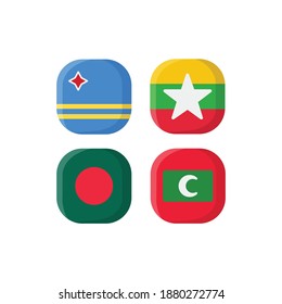 National Flag Square Icon Set with Myanmar, Maldives, Bangladesh And Aruba
