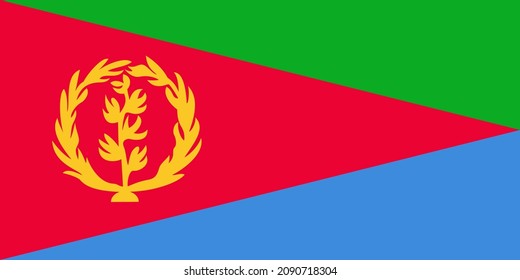 National Flag State of Eritrea, red isosceles triangle divided into two right triangles, the upper triangle is green and the lower is blue with an  in gold  vertical olive branch encircled by wreath
