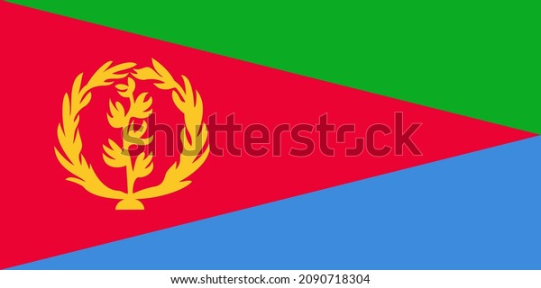 National Flag State of Eritrea, red isosceles\
triangle divided into two right triangles, the upper triangle is\
green and the lower is blue with an  in gold  vertical olive branch\
encircled by wreath