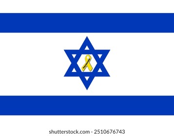 Bandeira nacional do Estado de Israel com fita amarela os traz para casa como apoio aos reféns sequestrados. Ilustração feita 1 de setembro de 2024, Zurique, Suíça.