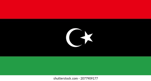 National Flag State of Libya, horizontal triband of red, black and green, charged with a white crescent and five-pointed star centred on the black stripe