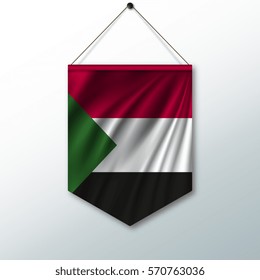 The national flag of Sudan. The symbol of the state in the pennant hanging on the rope. Realistic vector illustration.