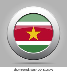 National flag of Suriname. Shiny metal gray round button with shadow.