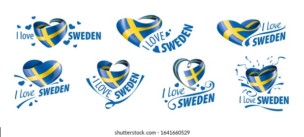 National flag of the Sweden in the shape of a heart and the inscription I love Sweden. Vector illustration