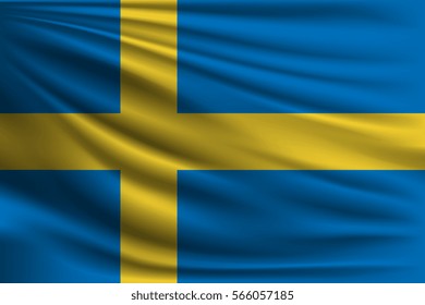 The national flag of Sweden. The symbol of the state on wavy silk fabric. Realistic vector illustration.
