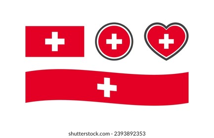 Bandera nacional de Suiza. Piso, color, bandera nacional de Suiza en forma de cuadrado, círculo, corazón. Bandera de Suiza para el diseño. Iconos del vector