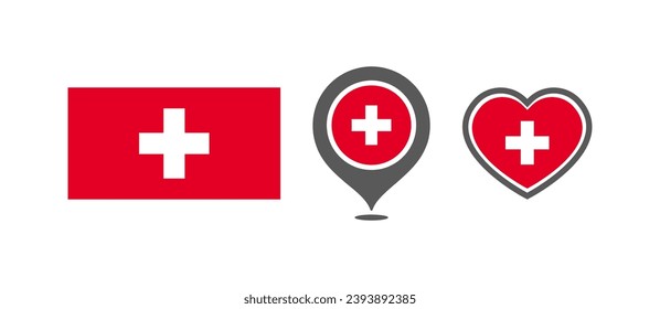 National flag of the Switzerland. Flag in the shape of rectangles, location marks, hearts. Switzerland national flag for language selection design. Vector icons