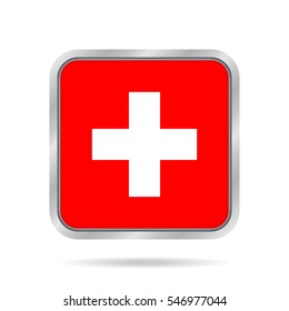 National flag of Switzerland. Shiny metallic gray square button with shadow.