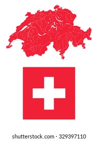 National flag of Switzerland and very detailed outline map of Switzerland in colors of the Swiss flag. Design and colors of flag are proper. Rivers and lakes are shown.