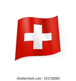 National flag of Switzerland: white cross in centre of red square field. 